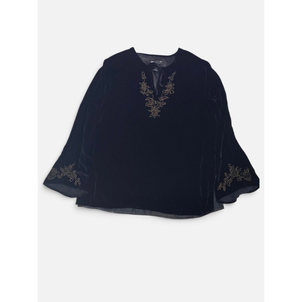 Carole Little Black Silk Velvet Blouse Embellished Whimsigoth Boho Tunic Top
